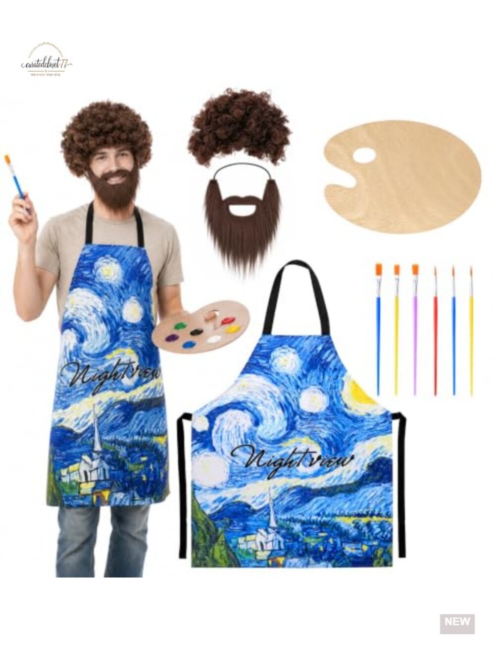 80s Painter Costume Set Adult Artist Apron Wig Beard Palette Brushes